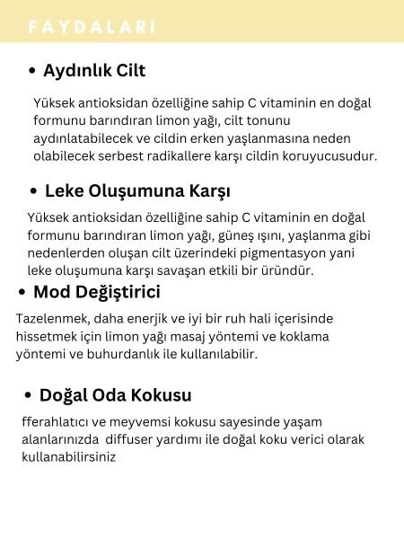 Limon Uçucu Yağı,  % 100 Saf, Katkısız Aromaterapi Yağı 10 ml