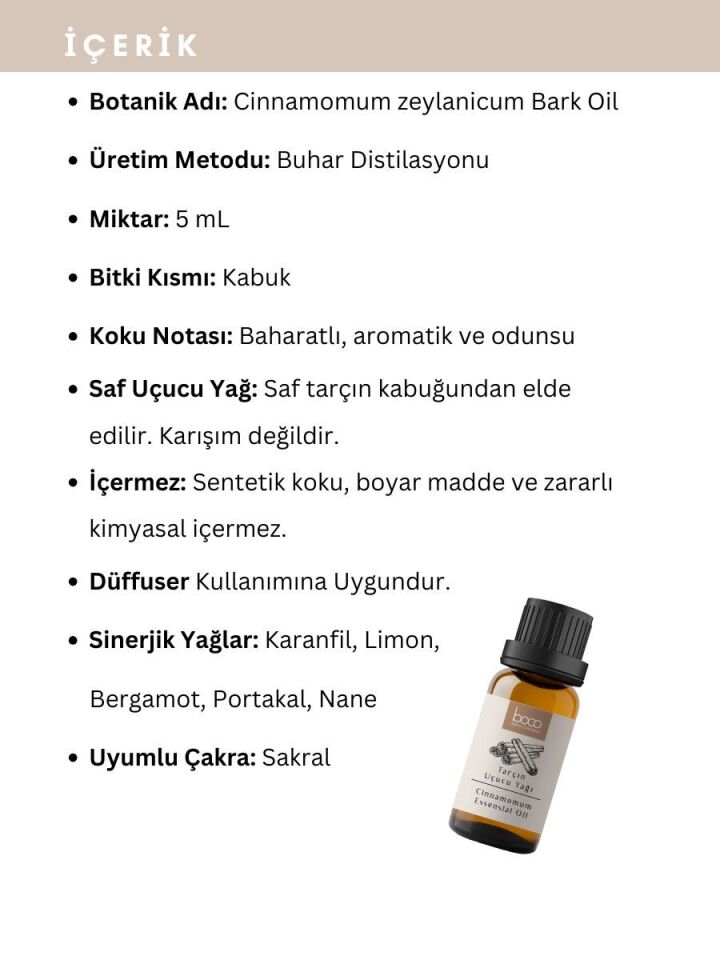 Tarçın Uçucu Yağı,  % 100 Saf, Katkısız Aromaterapi Yağı 5 ml