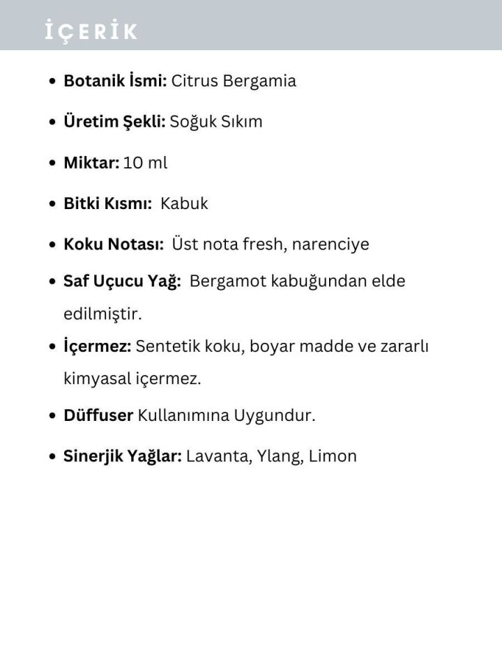 Bergamot Uçucu Yağı,  % 100 Saf, Katkısız Aromaterapi Yağı 10 ml